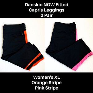 DANSKIN NOW Leggings 2 Pair Lot Black Pink / Orange Stripe Athletic Capri XL